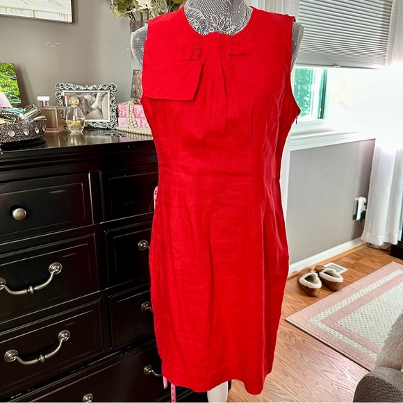 Adrienne Vittadini Red Linen Sheath Dress w/ Statement Bow Detail Size 6 (EUC) - Picture 2 of 16